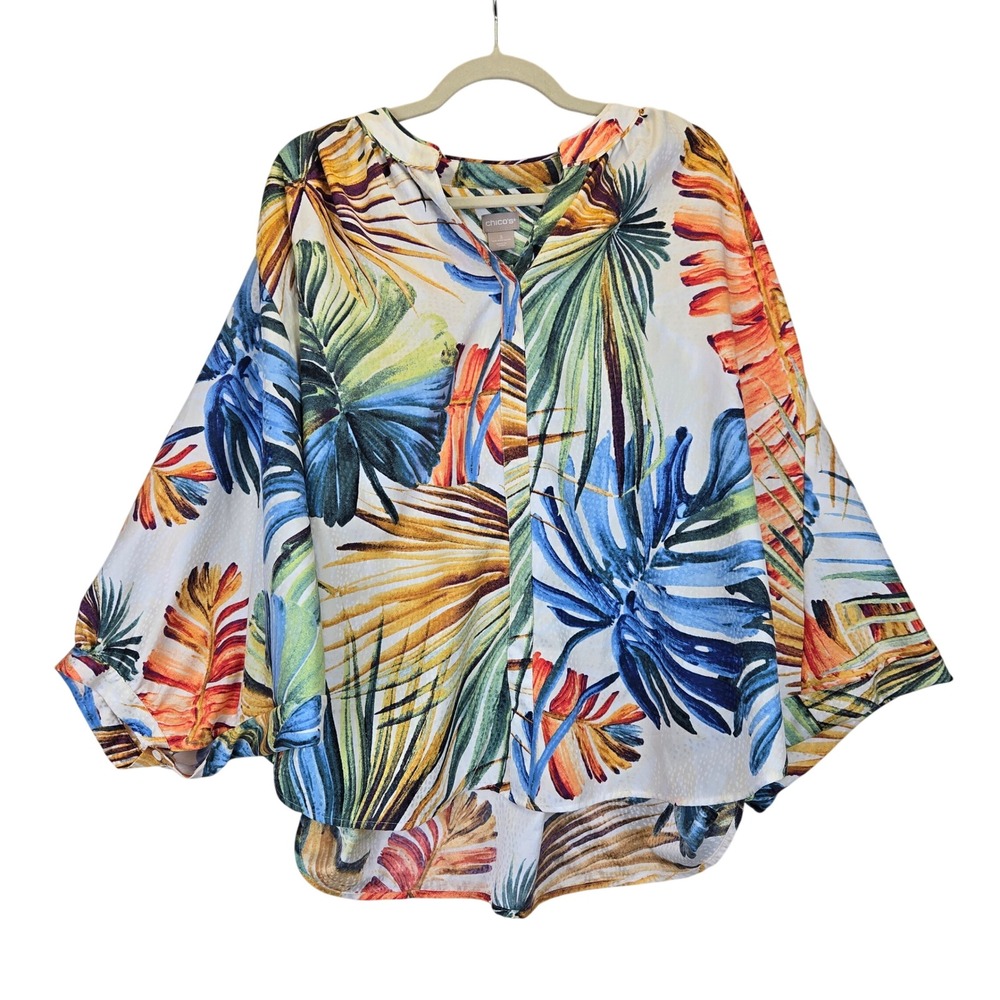 Chicos‎ Tropical Leaf Print Blouse Women Size 16/18 3 Dolman Sleeve Resortwear